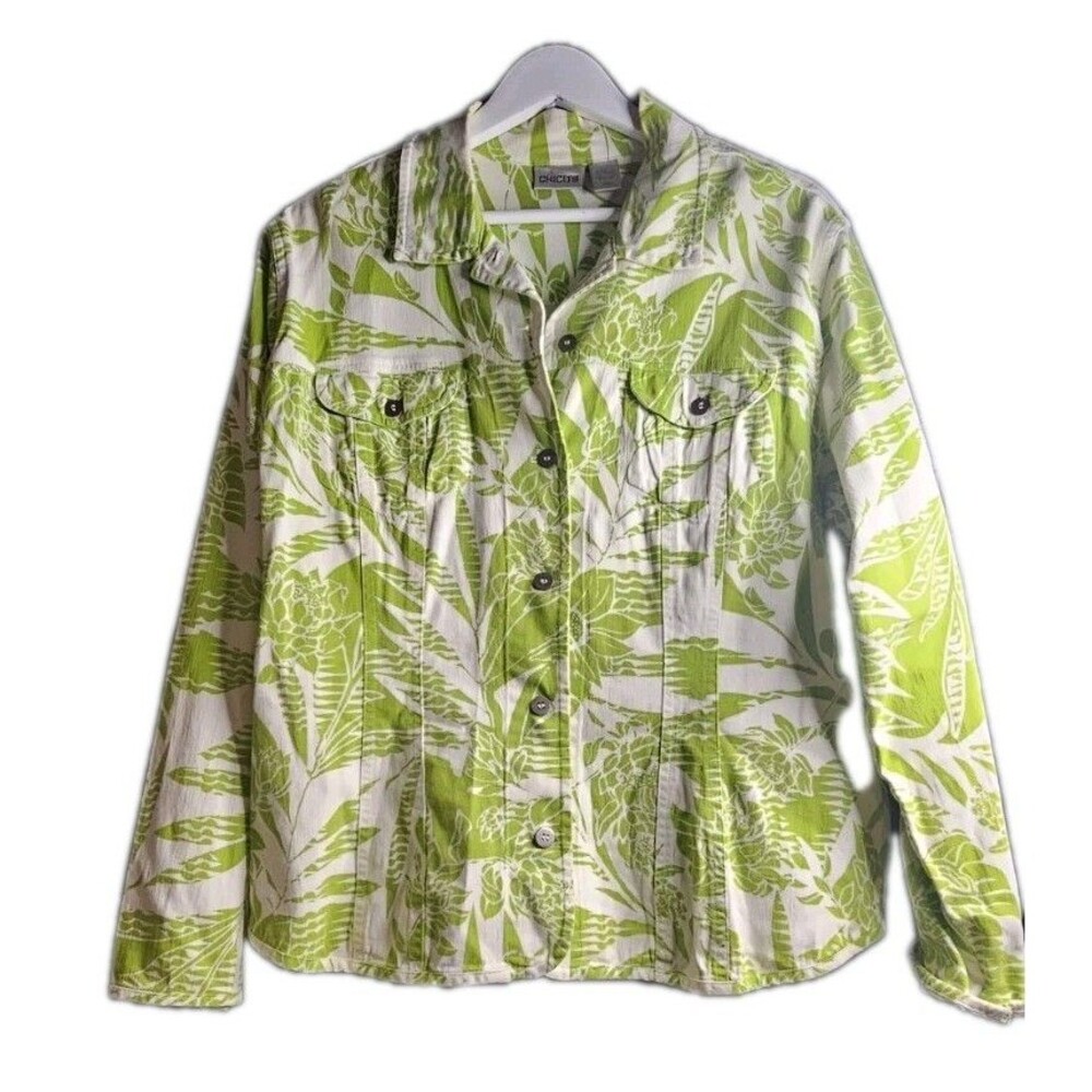 Chico's Tropical Floral Jacket Lime Green White Lightweight Summer Size 2